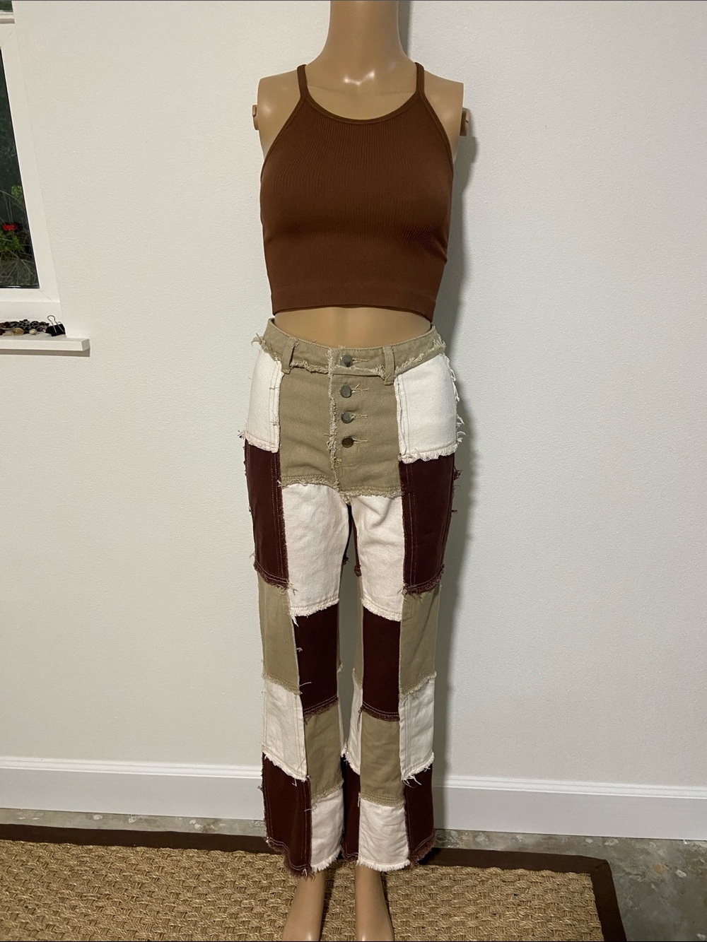 SHEIN Patchwork High-Waist Straight Leg Pants in Brown, Beige & White
